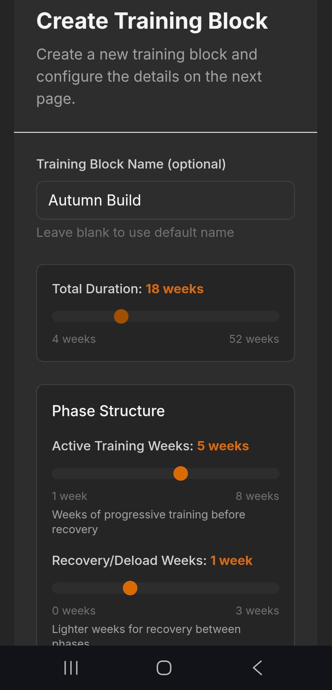 Training block builder — phases and weekly splits