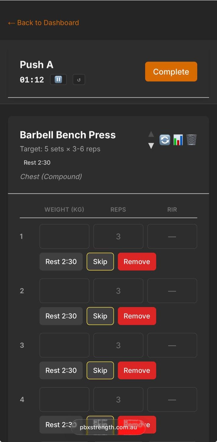 Workout log — sets, reps, RPE in real time